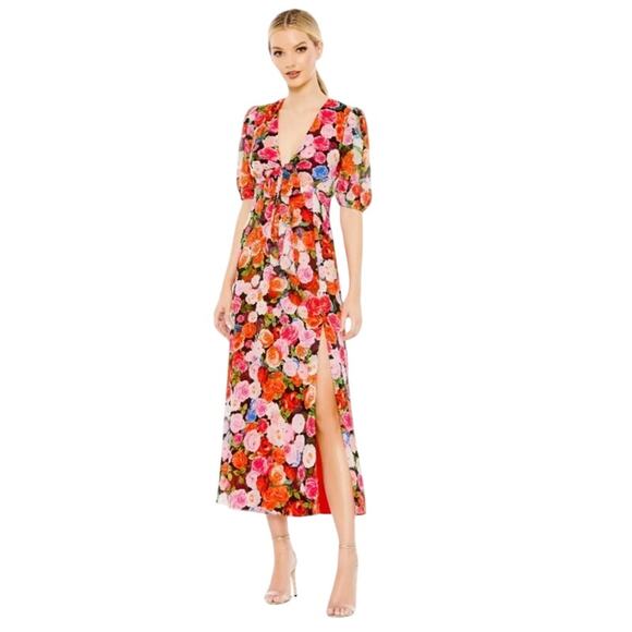 Mac Duggal NEW Size 6 Multicolor Floral Print Front Tie Midi Dress 55626 - Picture 1 of 8